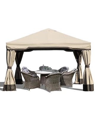 Aoodor Patio Gazebo Aluminum Outdoor Tent Shelter Canopy with Privacy Curtain and Netting-Brown