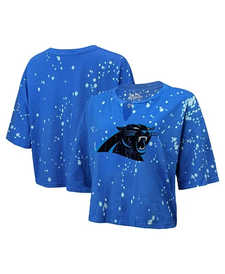 Women's Majestic Blue Distressed Carolina Panthers Bleach Splatter Notch Neck Crop T-shirt