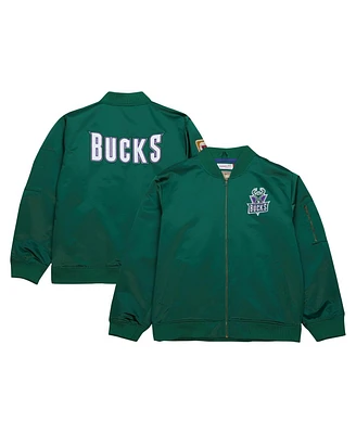 Men's Mitchell & Ness Green Distressed Milwaukee Bucks Hardwood Classics Vintage-Like Logo Full-Zip Bomber Jacket