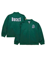 Men's Mitchell & Ness Green Distressed Milwaukee Bucks Hardwood Classics Vintage-Like Logo Full-Zip Bomber Jacket