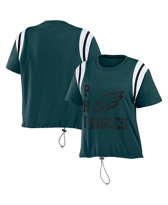 Women's Wear by Erin Andrews Midnight Green Distressed Philadelphia Eagles Cinched Colorblock T-shirt