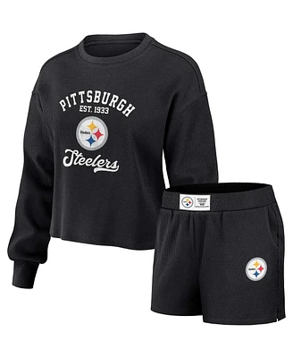 Women's Wear by Erin Andrews Black Distressed Pittsburgh Steelers Waffle Knit Long Sleeve T-shirt and Shorts Lounge Set