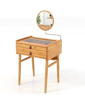 Costway Makeup Vanity Table with Adjustable Mirror Bamboo Dressing Table 2 Drawers