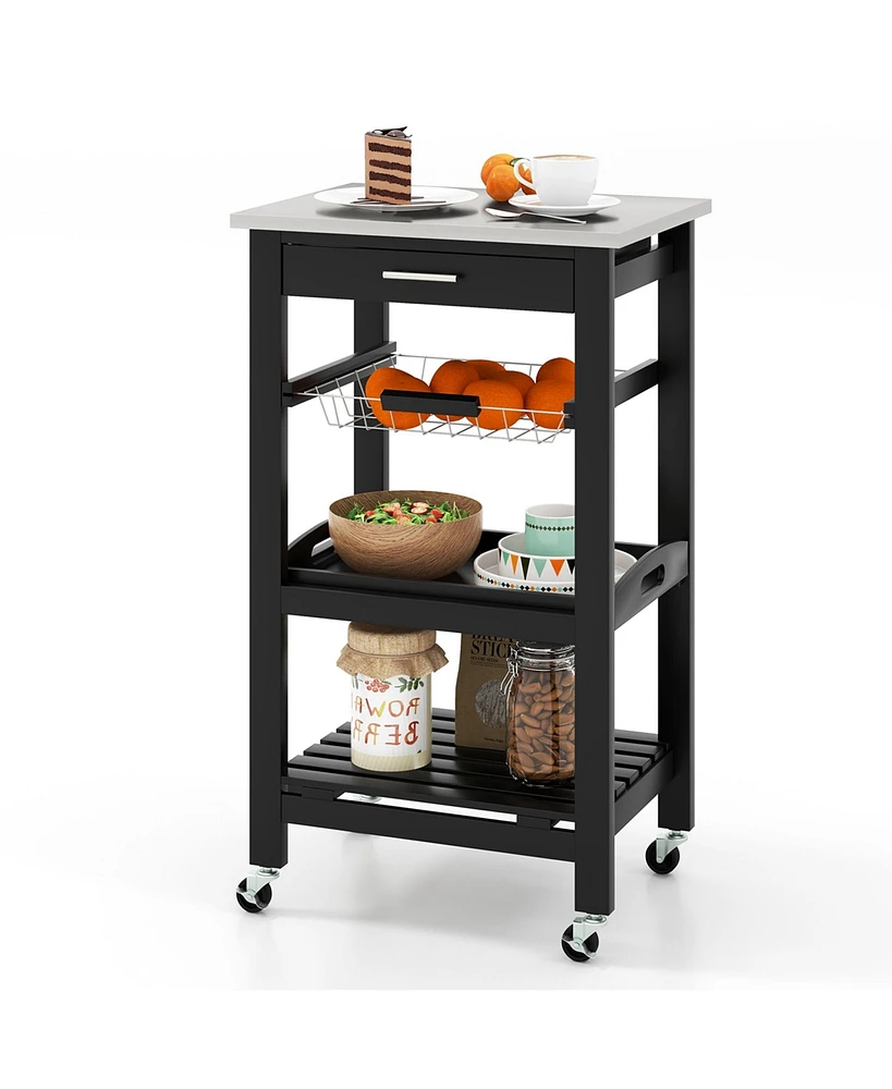 Costway Compact Kitchen Island Cart Rolling Service Trolley with Stainless Steel Top Basket