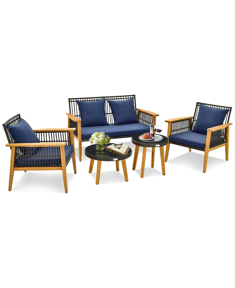 Costway 5PCS Outdoor Rattan Woven Conversation Set Stable Acacia Wood Frame for Backyard