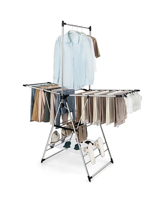 Costway 2-Layer Aluminum Foldable Drying Rack w/ Hanging Bar & 2 Height-adjustable Wings