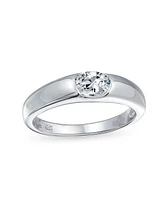 Bling Jewelry Modern Simple Minimalist .50 Ct Cubic Zirconia Aaa Cz Round Solitaire Promise Engagement Ring For Women .925 Sterling Silver Plain Band