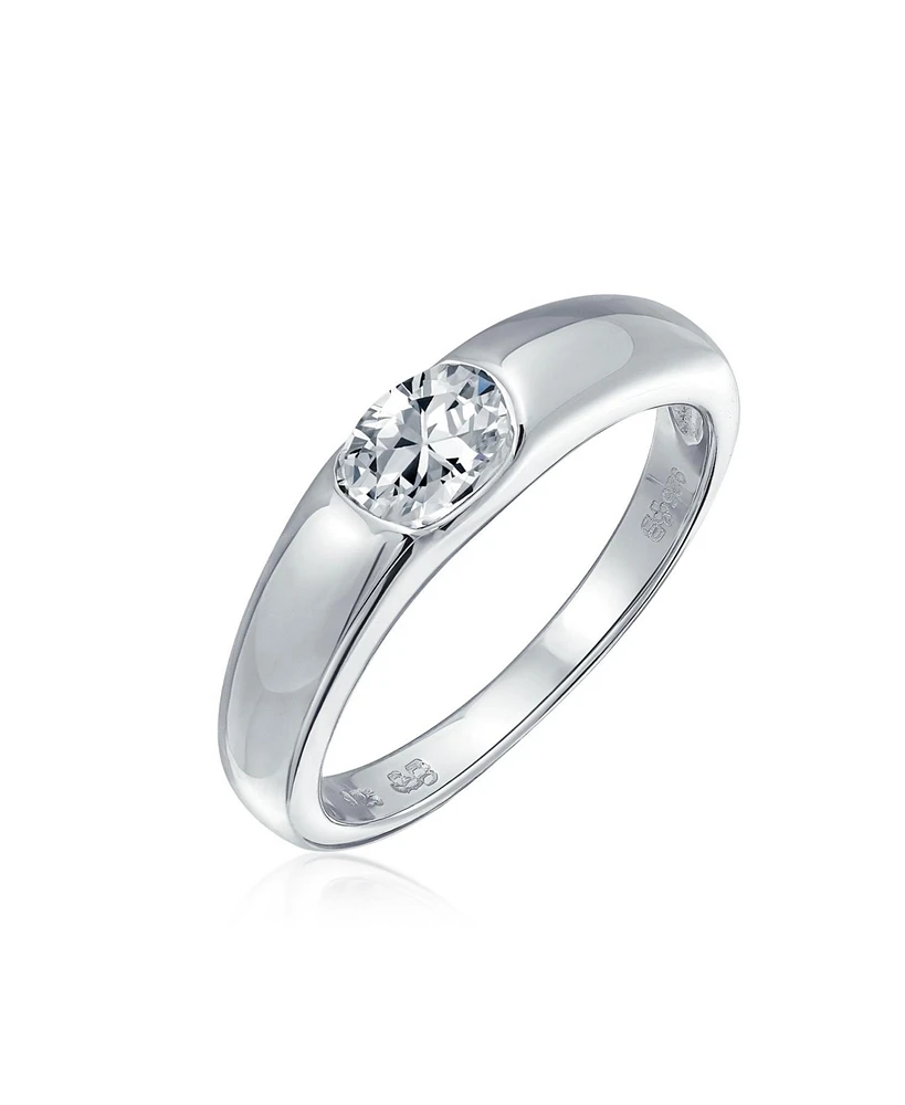 Bling Jewelry Modern Simple Minimalist .50 Ct Cubic Zirconia Aaa Cz Round Solitaire Promise Engagement Ring For Women .925 Sterling Silver Plain Band