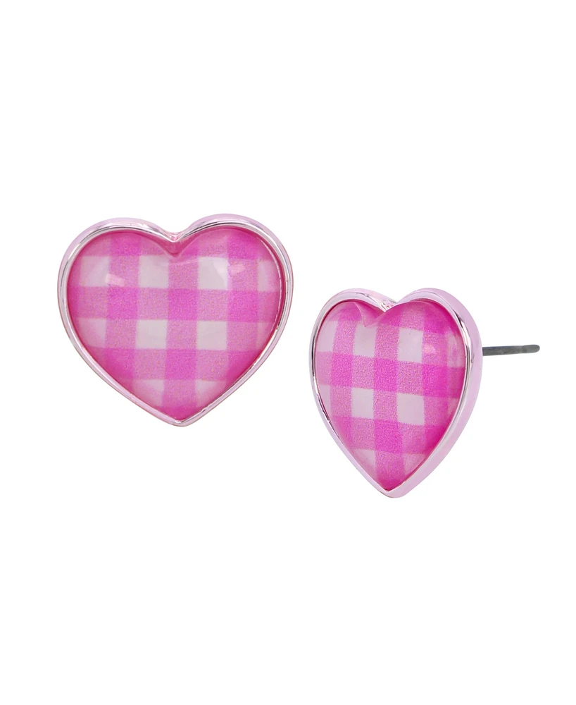 Betsey Johnson Pink Gingham Heart Stud Earrings
