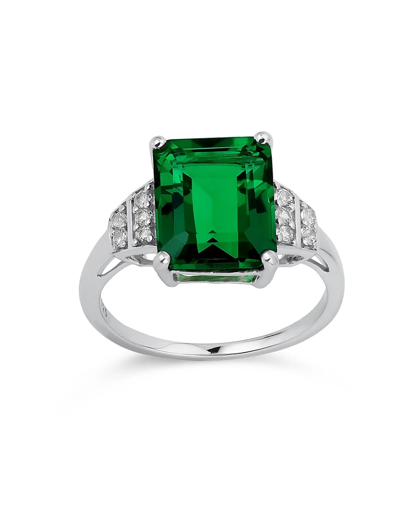 Bling Jewelry Elegant Art Deco Style 3CT Created Nano Synthetic Emerald Green White Sapphire Side Stone Statement Ring Sterling Silver