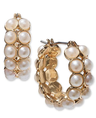 On 34th Gold-Tone Small Imitation Pearl Double-Row Hoop Earrings, 0.85", Created for Macy's