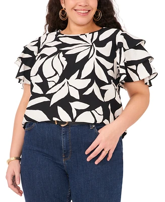 Vince Camuto Plus Size Printed Tiered-Ruffle-Sleeve Top