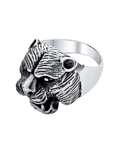 Bling Jewelry Hunter Animal Norse Viking Warrior Statement Signet Fierce Roaring 3D Big Bear Head Ring For Men Oxidized .925 Sterling Silver