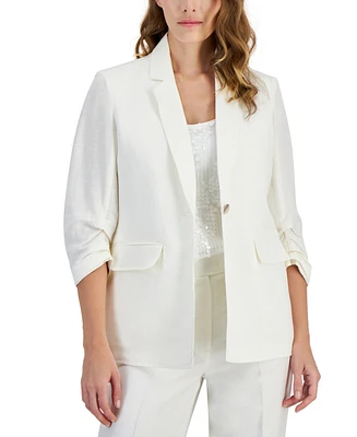 Anne Klein Women's Linen-Blend, One-Button Scrunch Sleeve Blazer