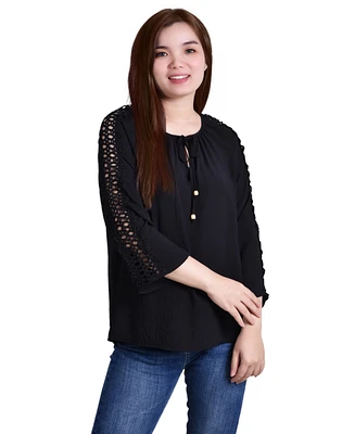 Ny Collection Women's 3/4 Sleeve Crochet Detail Blouse