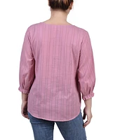 Ny Collection Women's 3/4 Sleeve Button Placket Jacquard Blouse