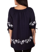 Ny Collection Women's Embroidered Elbow Sleeve Peasant Blouse