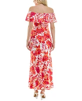 B Darlin Juniors' Off-the-Shoulder Printed Satin Gown