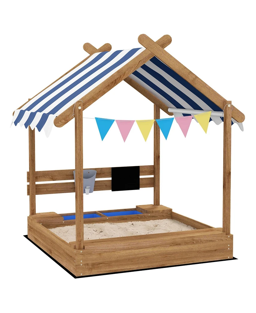 Outsunny Wooden Sandbox with Canopy House Design for 3-7 Years Old, Brown