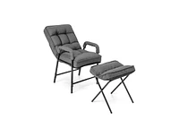 Linen Fabric Modern Accent Chair with Ottoman and Adjustable Backrest-Grey