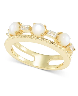 Charter Club Gold-Tone Cubic Zirconia & Imitation Pearl Double-Row Ring, Created for Macy's