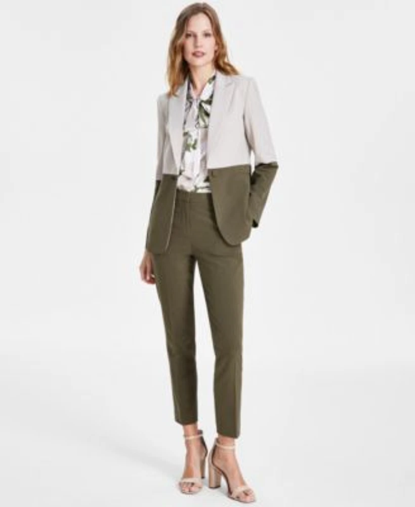 Tahari Asl Colorblocked Blazer Tie Neck Blouse Slim Pants