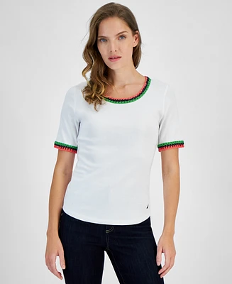 Nautica Jeans Women's Cotton Crochet-Trim Short-Sleeve T-Shirt