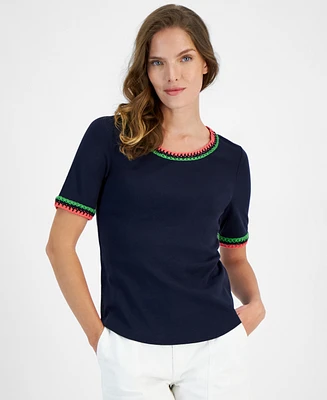 Nautica Jeans Women's Cotton Crochet-Trim Short-Sleeve T-Shirt