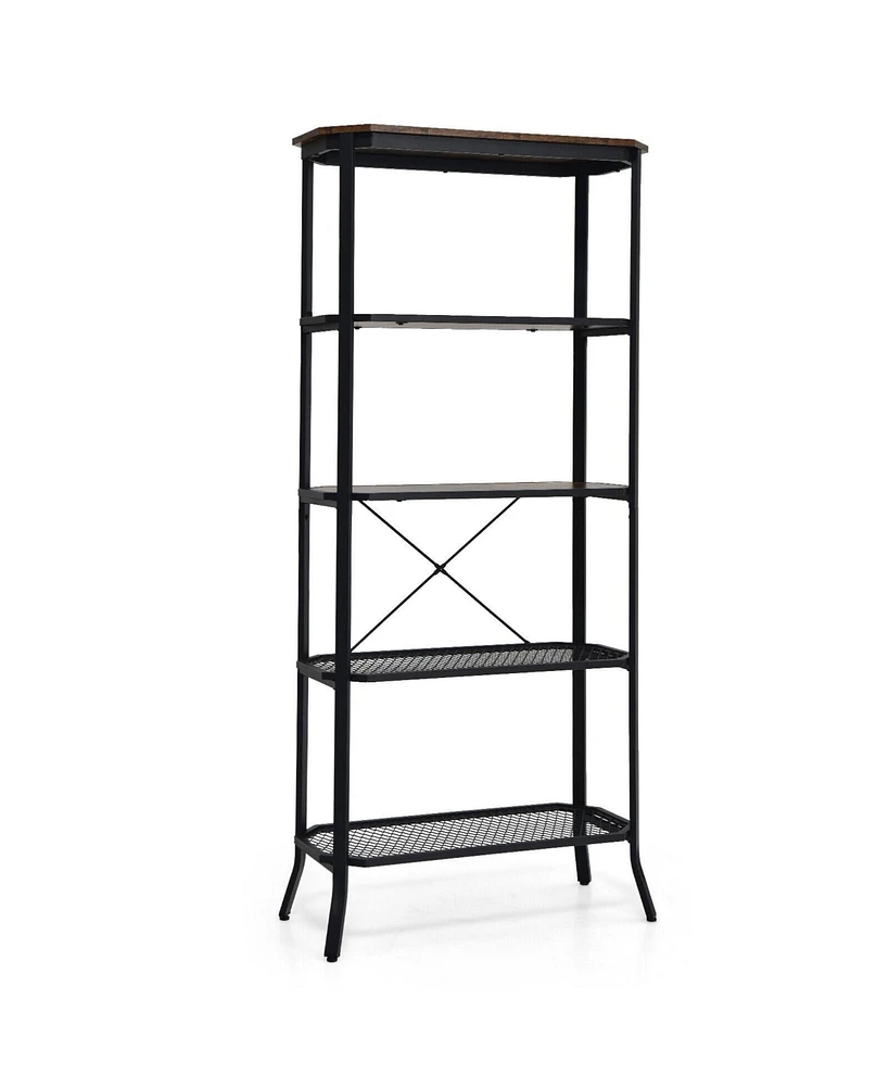 Industrial 5-Layer Bookshelf with Out-Stretched Legs-Rustic Brown