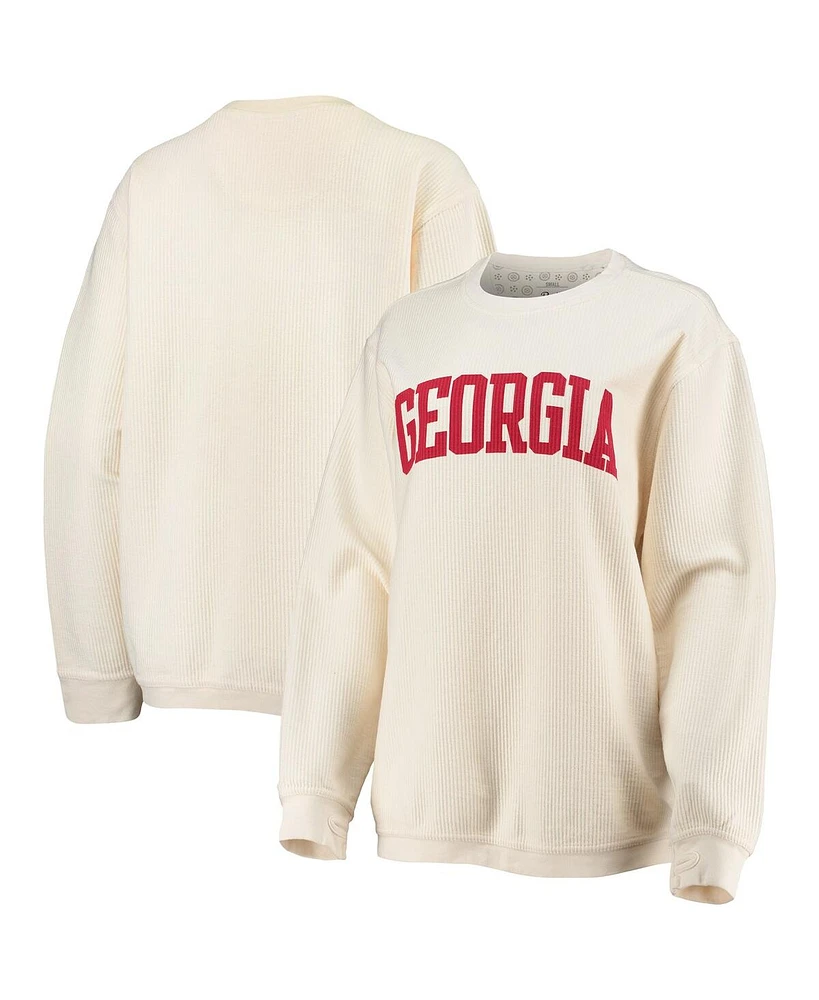 Women's Pressbox White Distressed Georgia Bulldogs Comfy Cord Vintage-Like Wash Basic Arch Pullover Sweatshirt