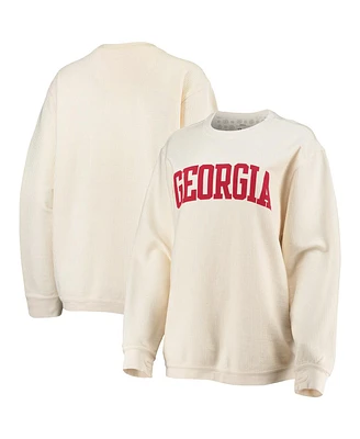 Women's Pressbox White Distressed Georgia Bulldogs Comfy Cord Vintage-Like Wash Basic Arch Pullover Sweatshirt