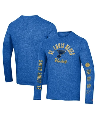 Men's Champion Heather Blue Distressed St. Louis Blues Multi-Logo Tri-Blend Long Sleeve T-shirt