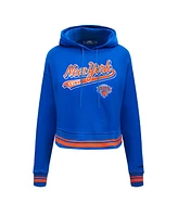 Women's Pro Standard Blue New York Knicks Script Tail Cropped Pullover Hoodie