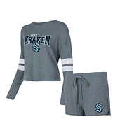 Women's Concepts Sport Charcoal Distressed Seattle Kraken Meadow Long Sleeve T-shirt and Shorts Sleep Set