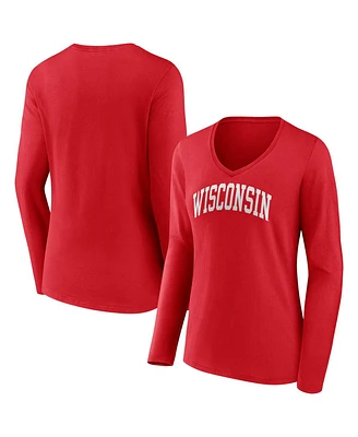 Women's Fanatics Red Wisconsin Badgers Basic Arch Long Sleeve V-Neck T-shirt