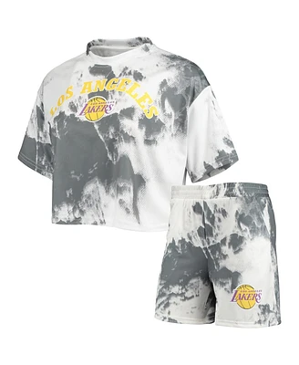 Women's White, Black Los Angeles Lakers Tie-Dye Crop Top and Shorts Set