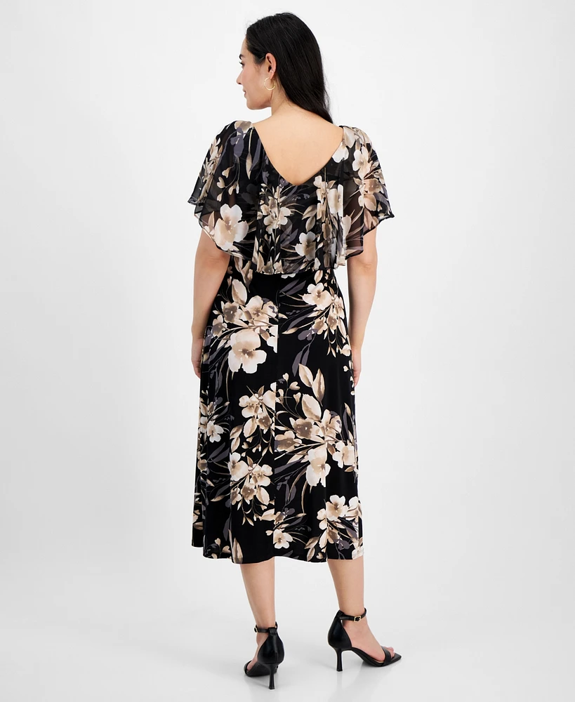 Connected Petite V-Neck Floral Cape Midi Dress