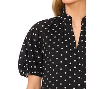 CeCe Women's Polka Dot Ruffled Neck Raglan Sleeve Blouse