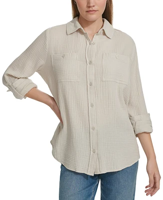 Calvin Klein Jeans Women's Double-Crepe Button-Down Roll-Tab-Sleeve Shirt