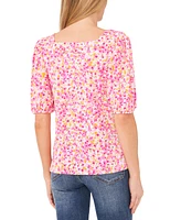 CeCe Women's Floral Print Square Neck Puff Sleeve Knit Top
