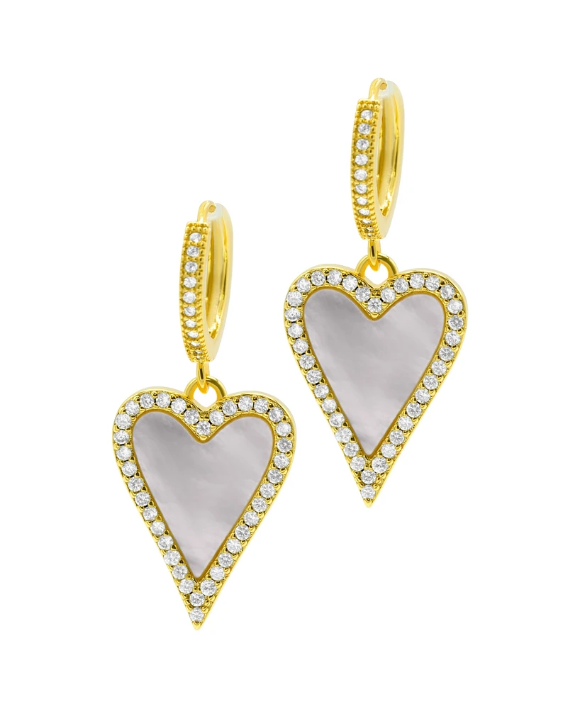 Adornia 14K Gold-Plated White Mother-of-Pearl Crystal Halo Heart Drop Huggie Earrings