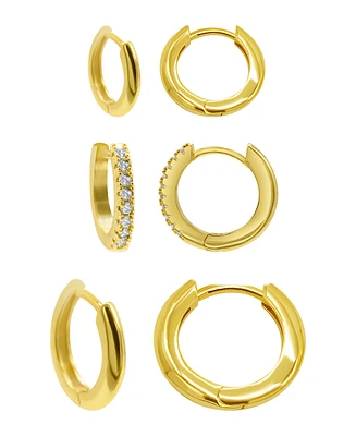 Adornia 14K Gold Plated 3-Huggie Hoop Earrings Set with 1-Crystal Hoop