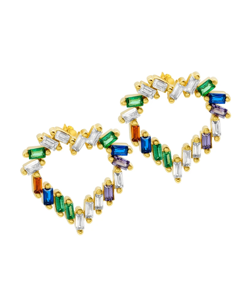 Adornia 14K Gold-Plated Rainbow Baguette Open Heart Studs Earrings