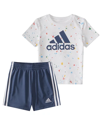 adidas Baby Boys Printed T Shirt and 3 Stripe Shorts, 2 Piece Set