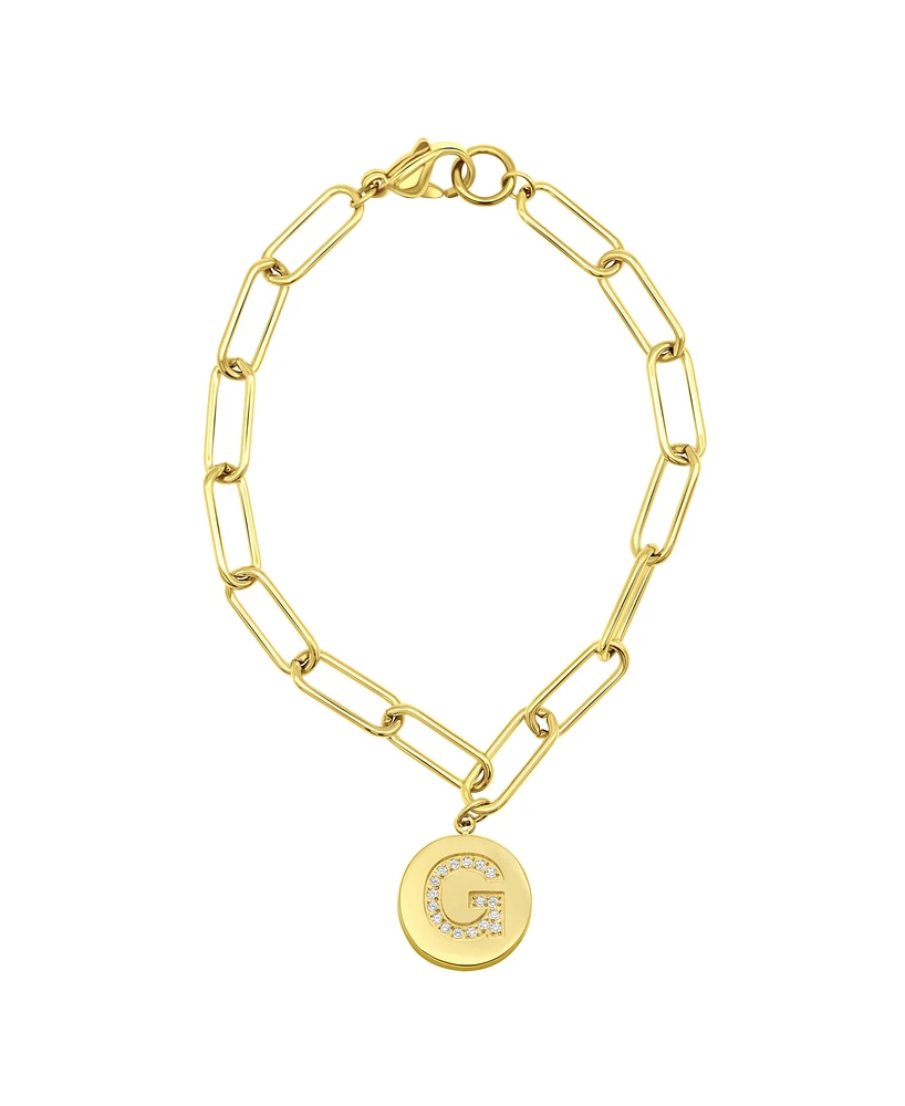 Adornia Tarnish Resistant 14K Gold-Plated Pave Crystal Initial Disc Paperclip Bracelet