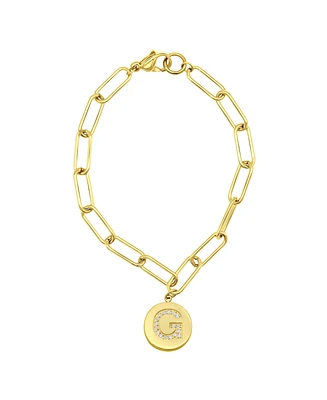 Adornia Tarnish Resistant 14K Gold-Plated Pave Crystal Initial Disc Paperclip Bracelet