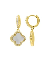 Adornia 14K Gold-Plated Crystal Halo White Mother-of-Pearl Clover Dangle Huggie Earrings