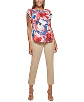 Dkny Petite Floral-Print Flutter-Sleeve Blouse