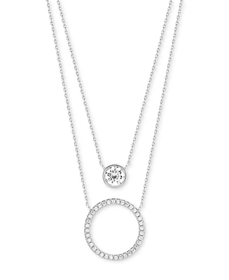 Cubic Zirconia Bezel & Circle Layered Necklace in Sterling Silver, 16" + 2" extender