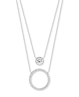 Cubic Zirconia Bezel & Circle Layered Necklace in Sterling Silver, 16" + 2" extender